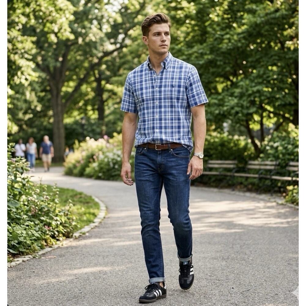 Ralph Lauren Classic Fit Blue/White Glen Plaid M Button Down Blue Pony Preppy SS